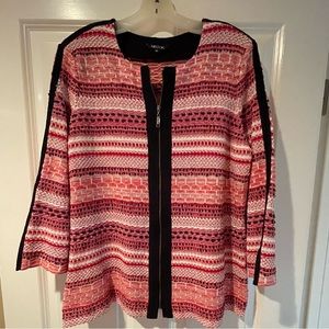 Misook zipper jacket, red/pink/black/white knit, 3/4 sleeve, black trim, size L